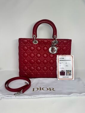 Authentic Dior - Red Quilted Lady Dior Satchel with Charm and Detachable Strap